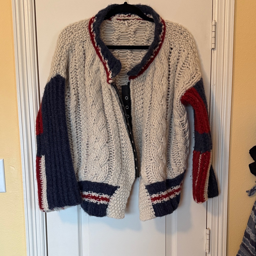 Vintage Free People Cozy Cable Knit Cardigan In Cream, Navy, And Red